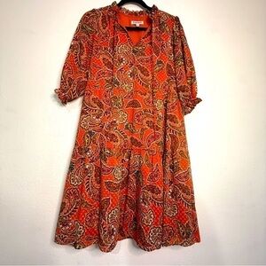 Nanette LePore Orange Paisley Dress w/ drawstring at ruffled neckline. Sz 4.